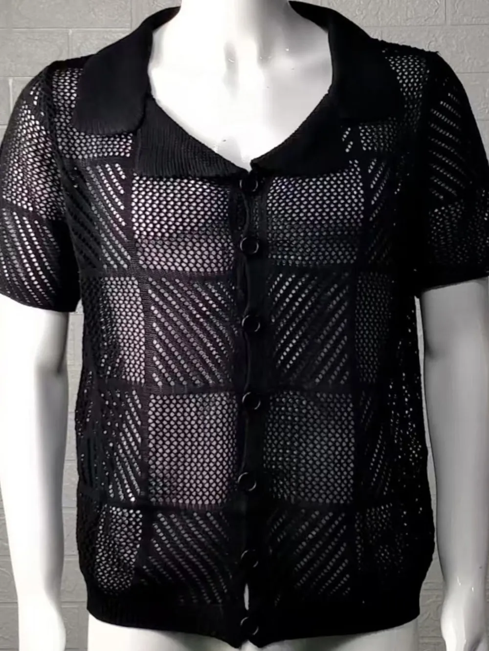 Men's Button Down Checkered Eyelet Shirt, image 5