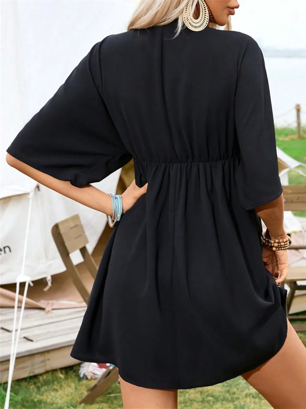 Embroidered Plunge Half Sleeve Mini Dress, image 5