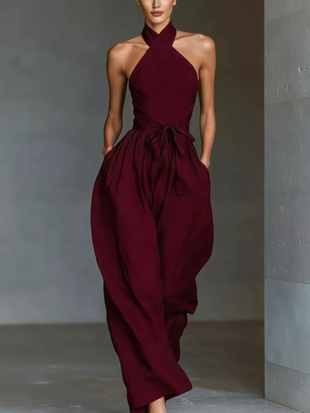 Halter Neck Wide-Leg Jumpsuit with Waist-Tie Detail, image 9