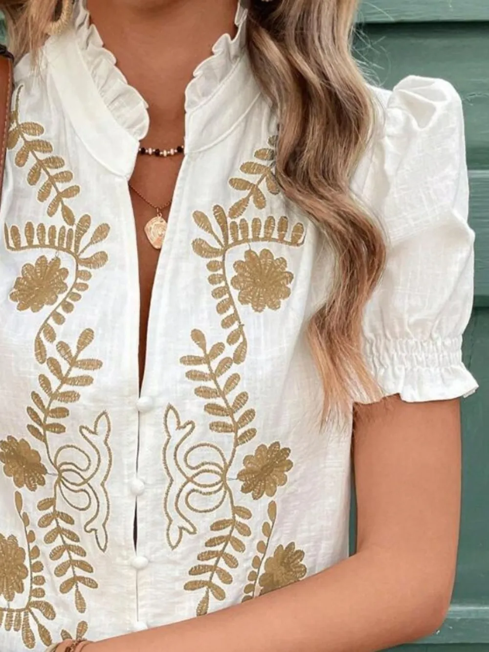 Embroidered Frill Notched Short Sleeve Blouse, image 16