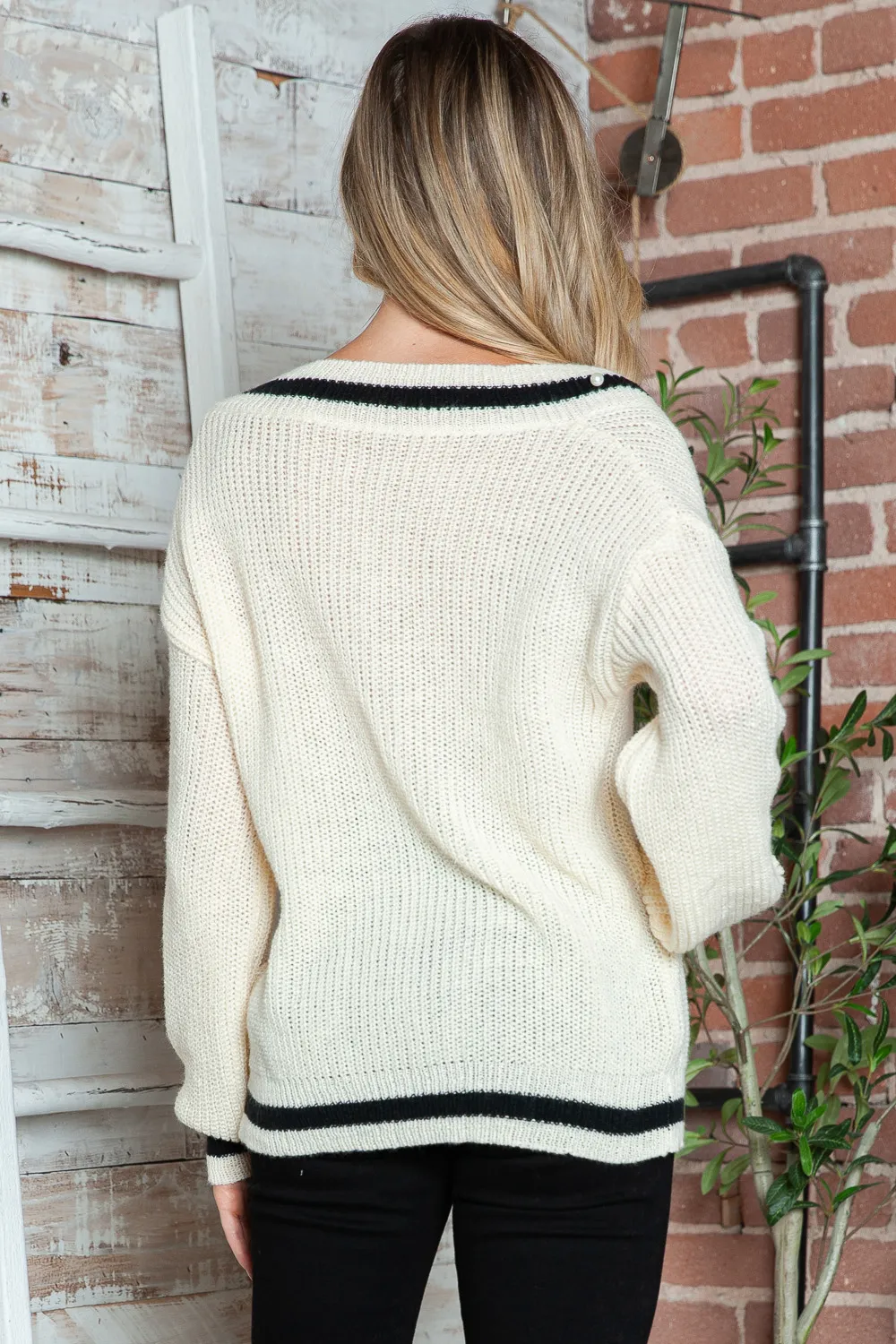 Contrast Trim V-Neck Long Sleeve Sweater, image 6