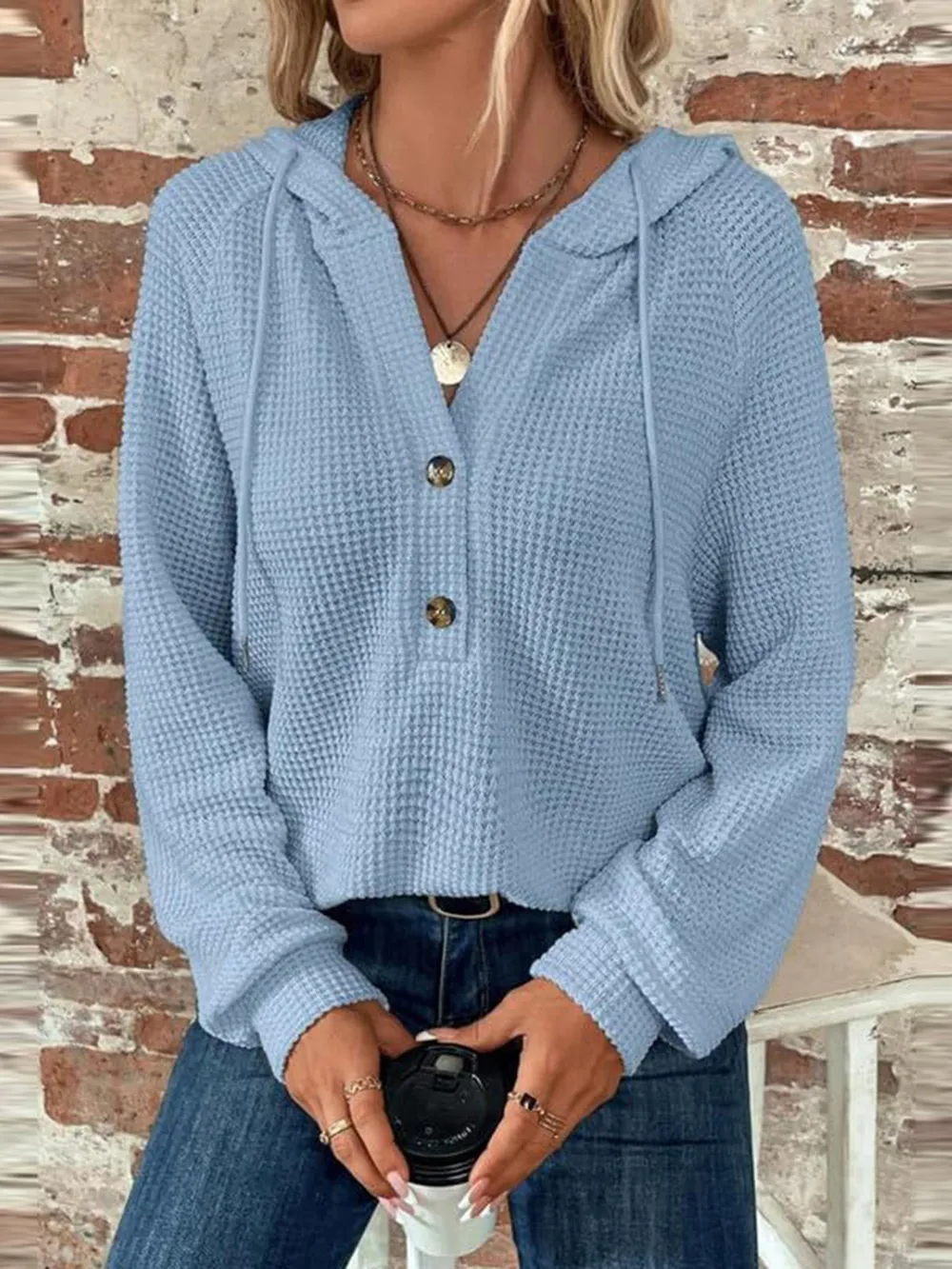 Waffle Knit Long Sleeve Drawstring Hooded Top, image 33
