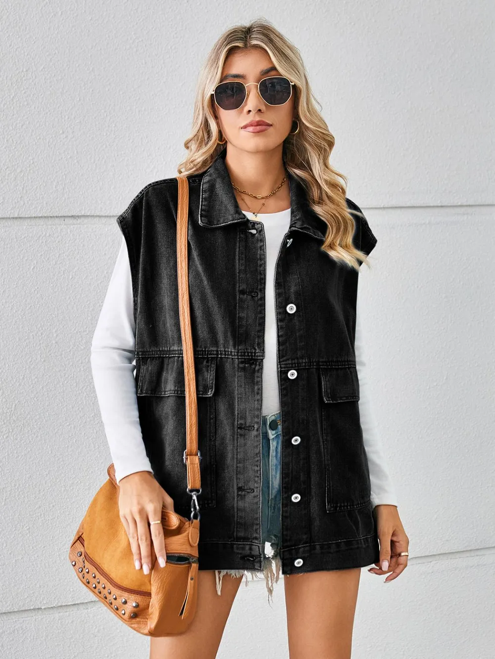 Pocketed Button Up Sleeveless Denim Jacket, image 15