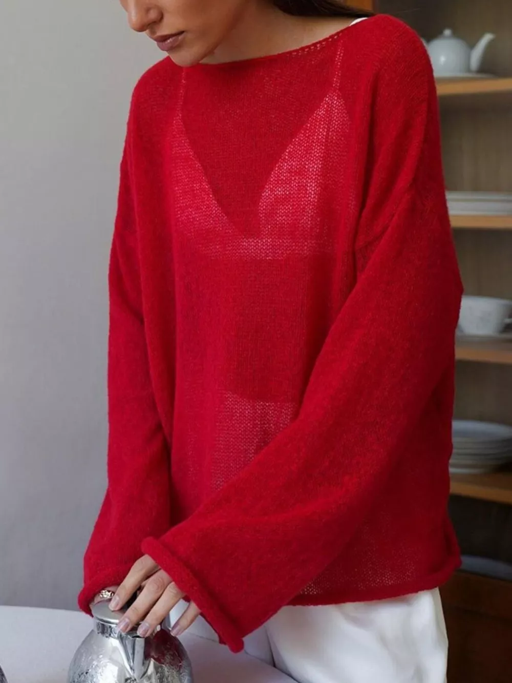 Boat Neck Dropped Shoulder Sweater, image 26