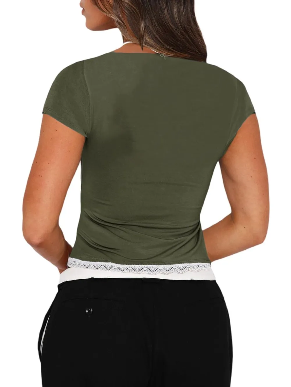 Lace Detail Sweetheart Neck Short Sleeve T-Shirt, image 15