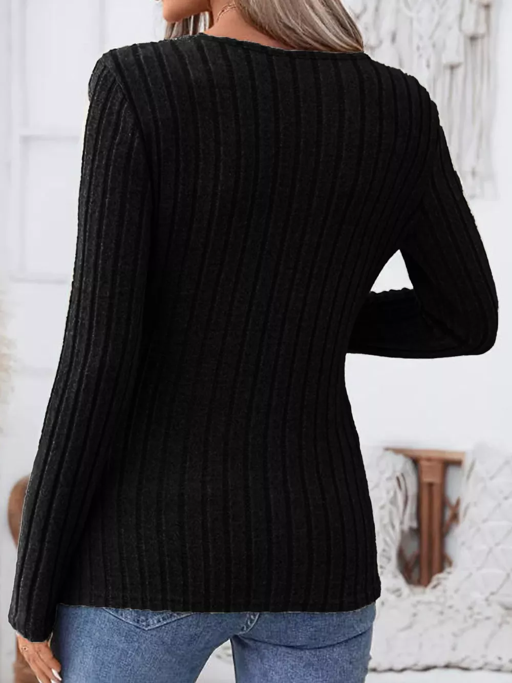 Ribbed Knit Notched Long Sleeve Top, image 5
