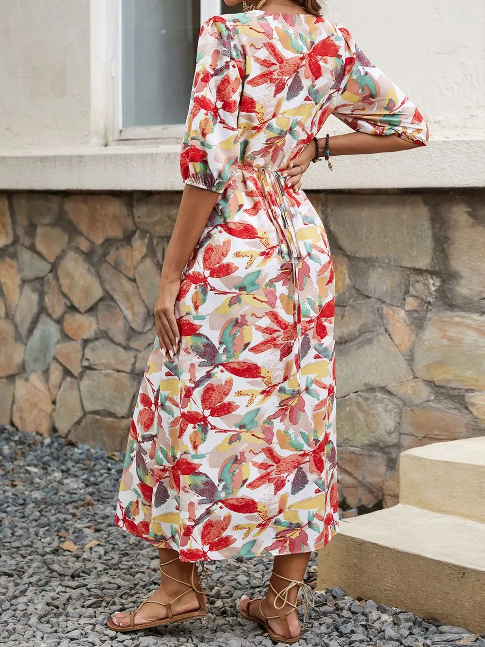 Printed V-Neck Half Sleeve Midi Dress, image 2