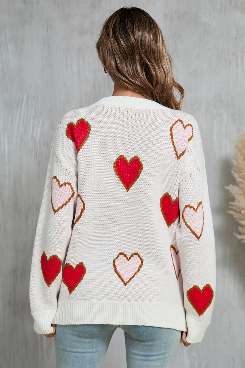 Contrast Heart Round Neck Long Sleeve Sweater, image 9