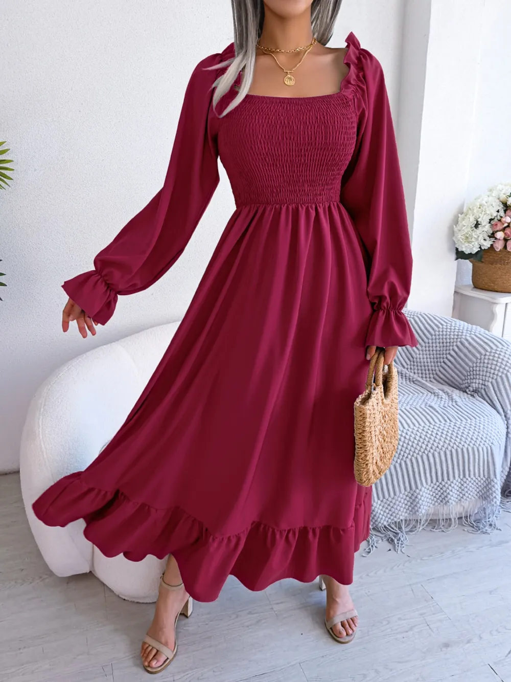 Smocked Square Neck Flounce Sleeve Dress, image 28