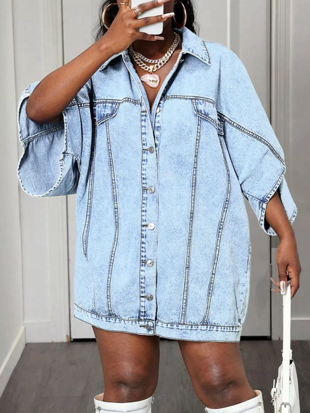 Oversized Batwing Sleeve Denim Top, image 5