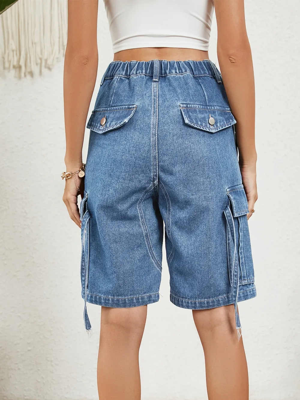 Buttoned Elastic Waist Denim Shorts with Pockets, image 4