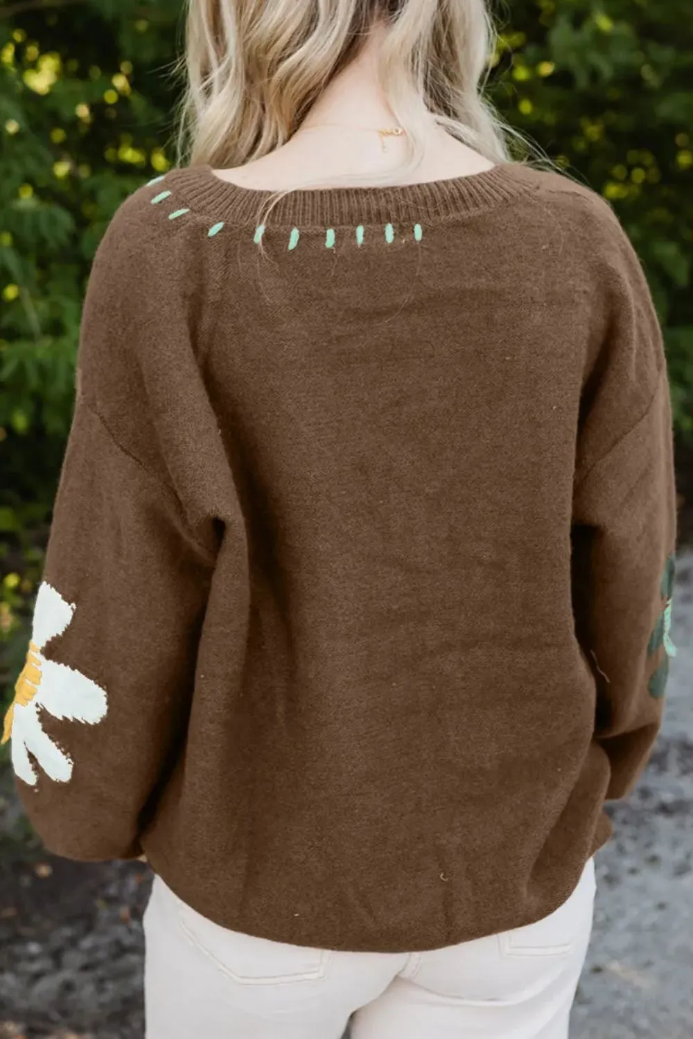 Flower V-Neck Dropped Shoulder Sweater, image 3