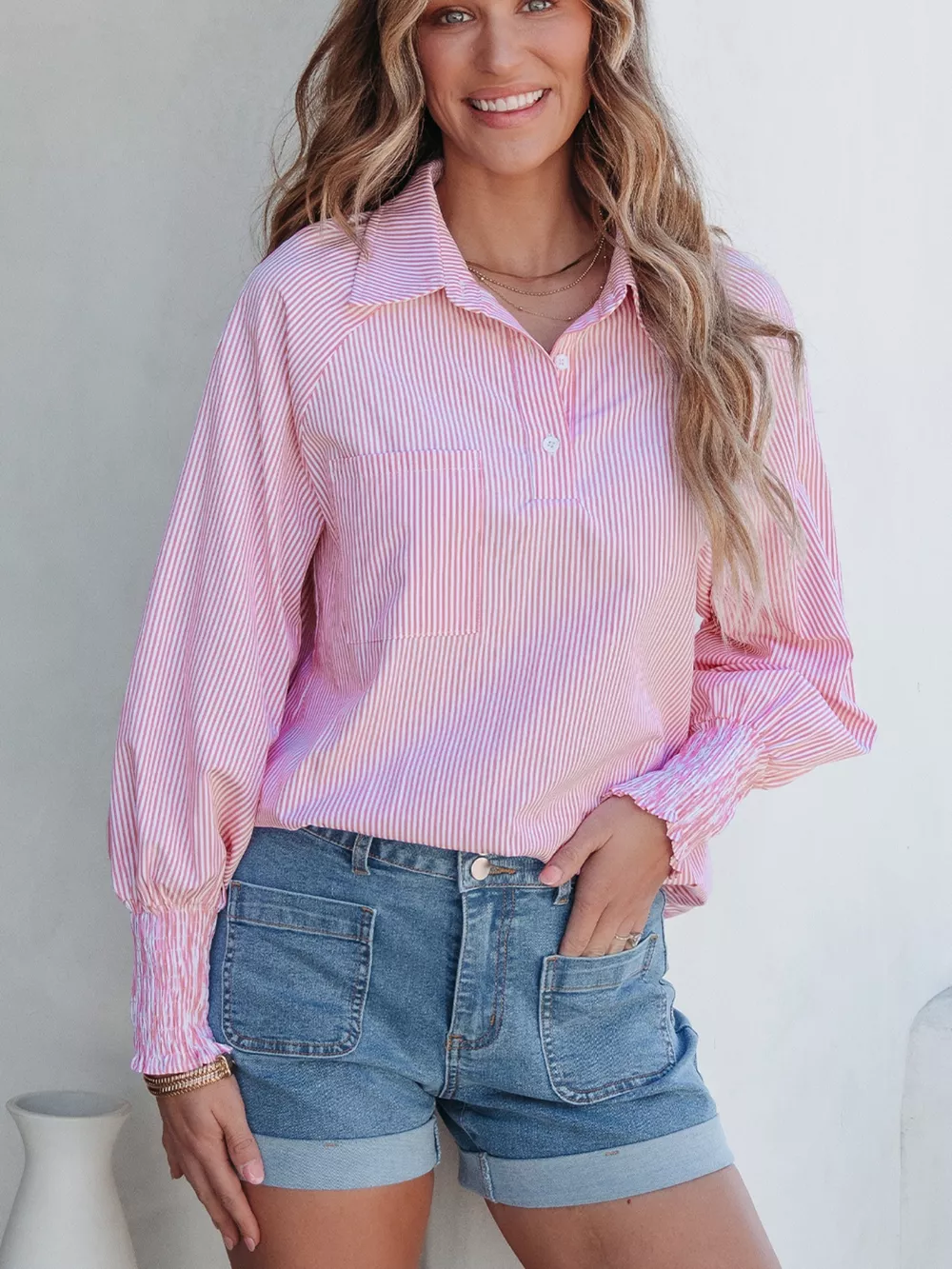 Pinstripe Long Sleeve Smocked Cuffs Button Shirt Collar Blouse, image 4