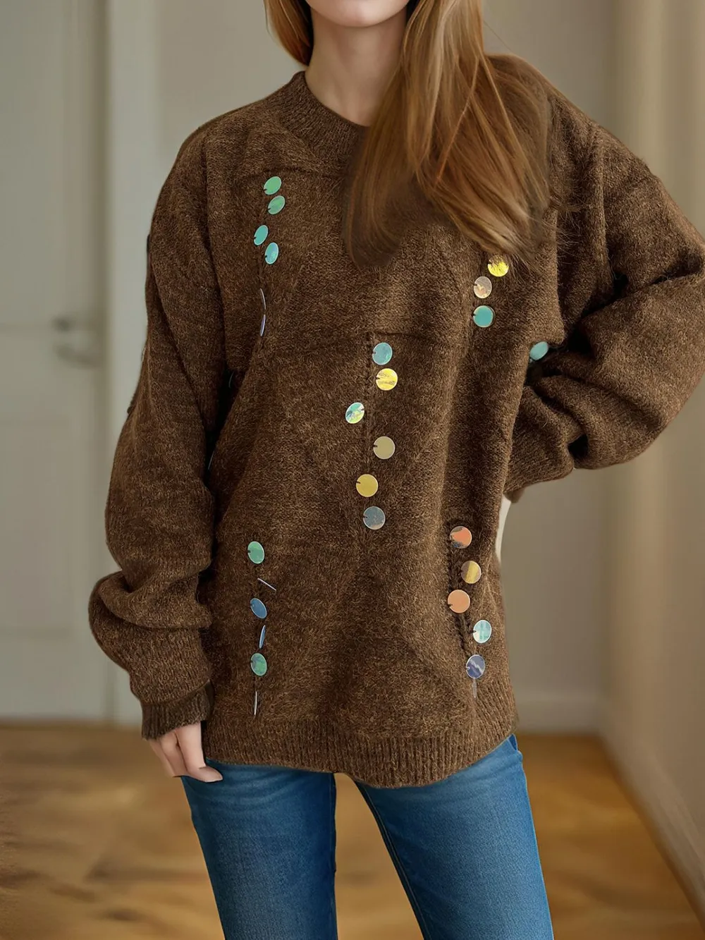 Sequin Mock Neck Long Sleeve Sweater, image 9