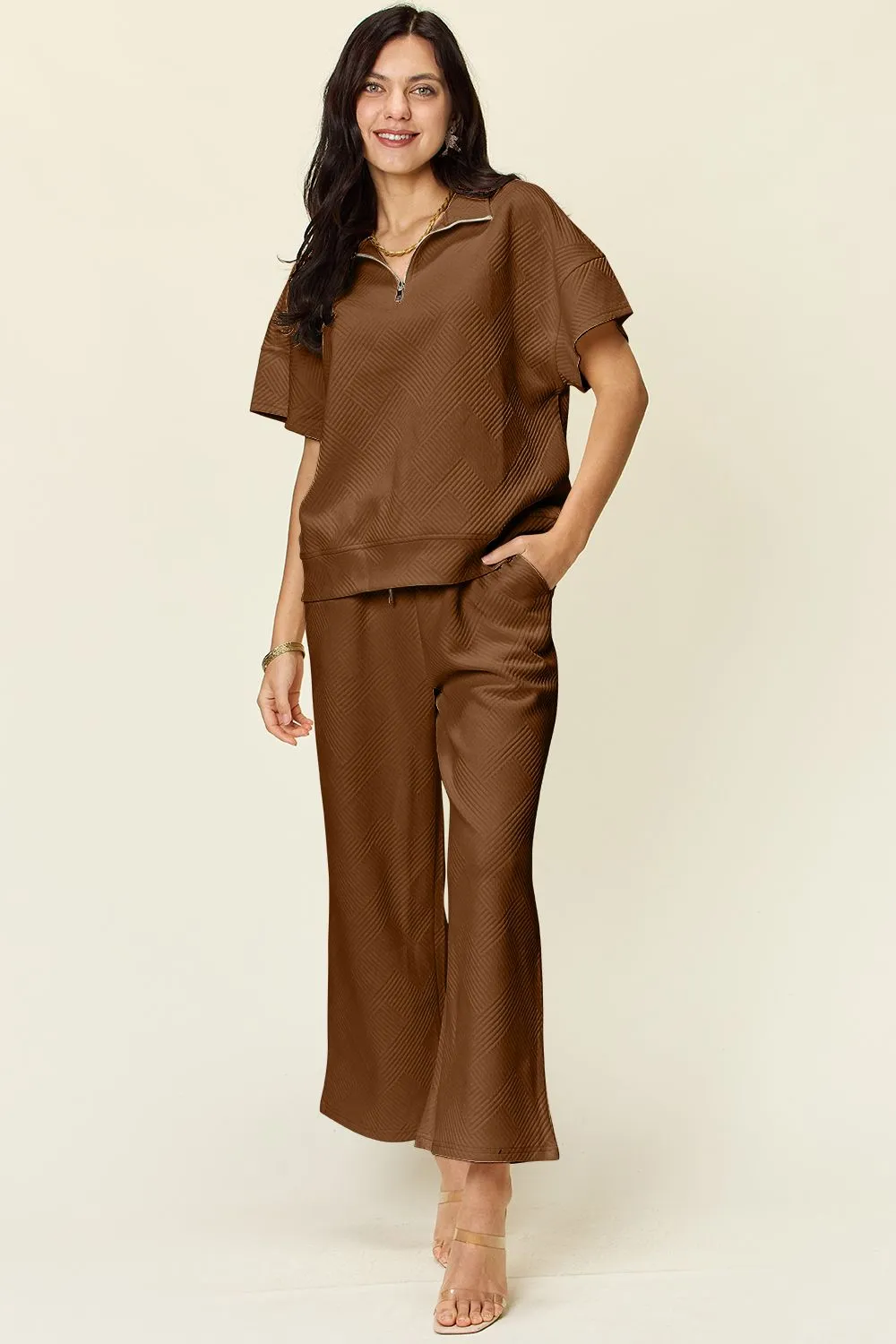 Full Size Texture Half Zip Short Sleeve Top and Pants Set, image 31