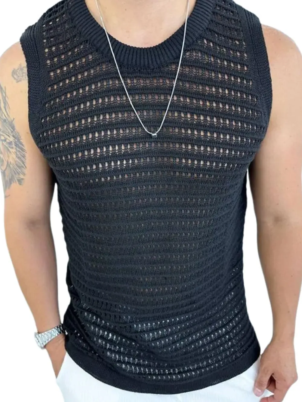Men's Round Neck Hollow Out Sleeveless Knit Top, image 6