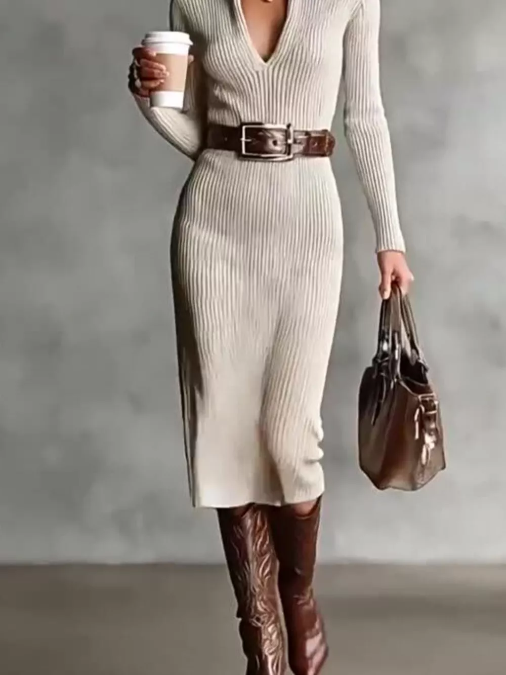 Ribbed Knit Turtleneck Bodycon Sweater Dress, image 3