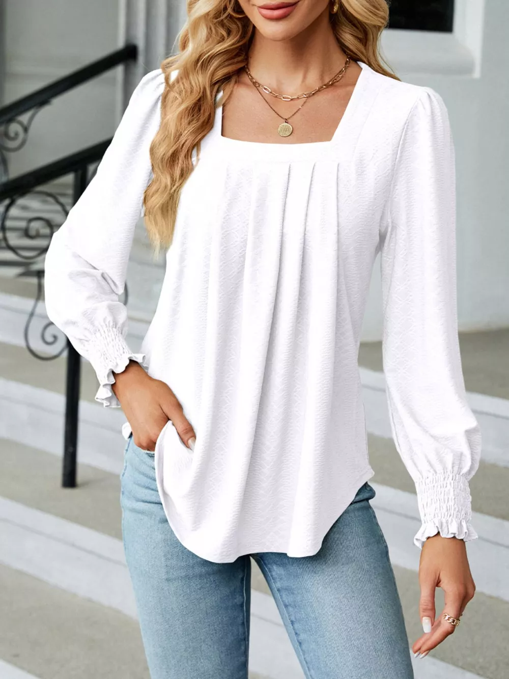 Pleated Square Neck Long Sleeve Top, image 5