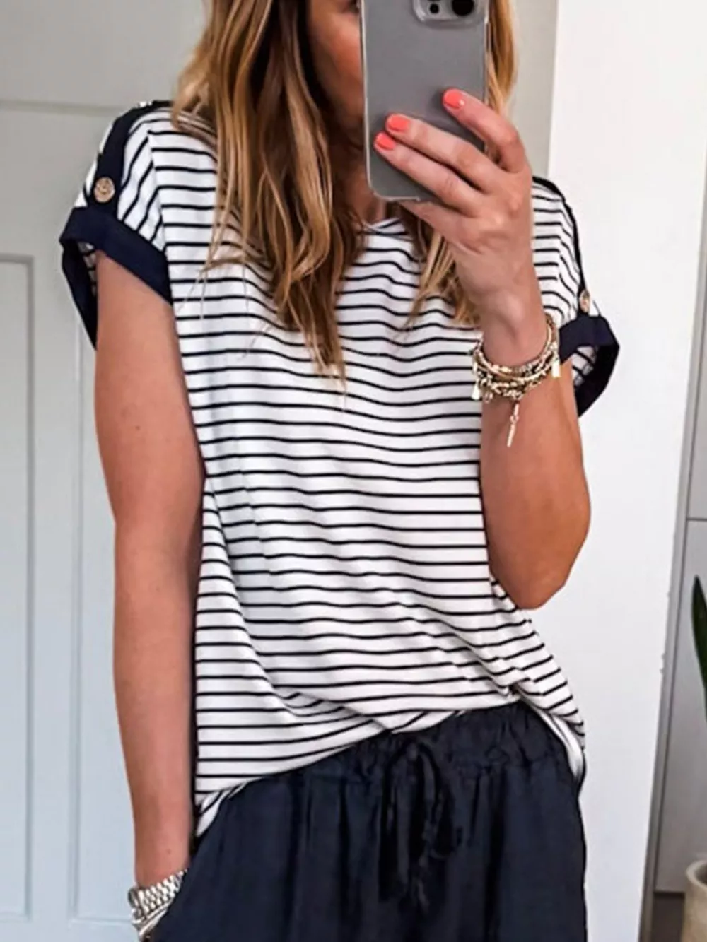 Stripe Cuffed Sleeve Button Decor Loose Tee, image 4