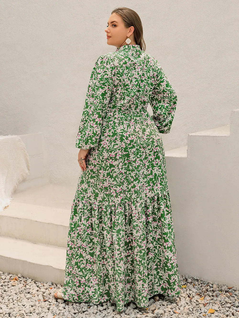 Plus Size Printed Notched Long Sleeve Maxi Dress, image 11