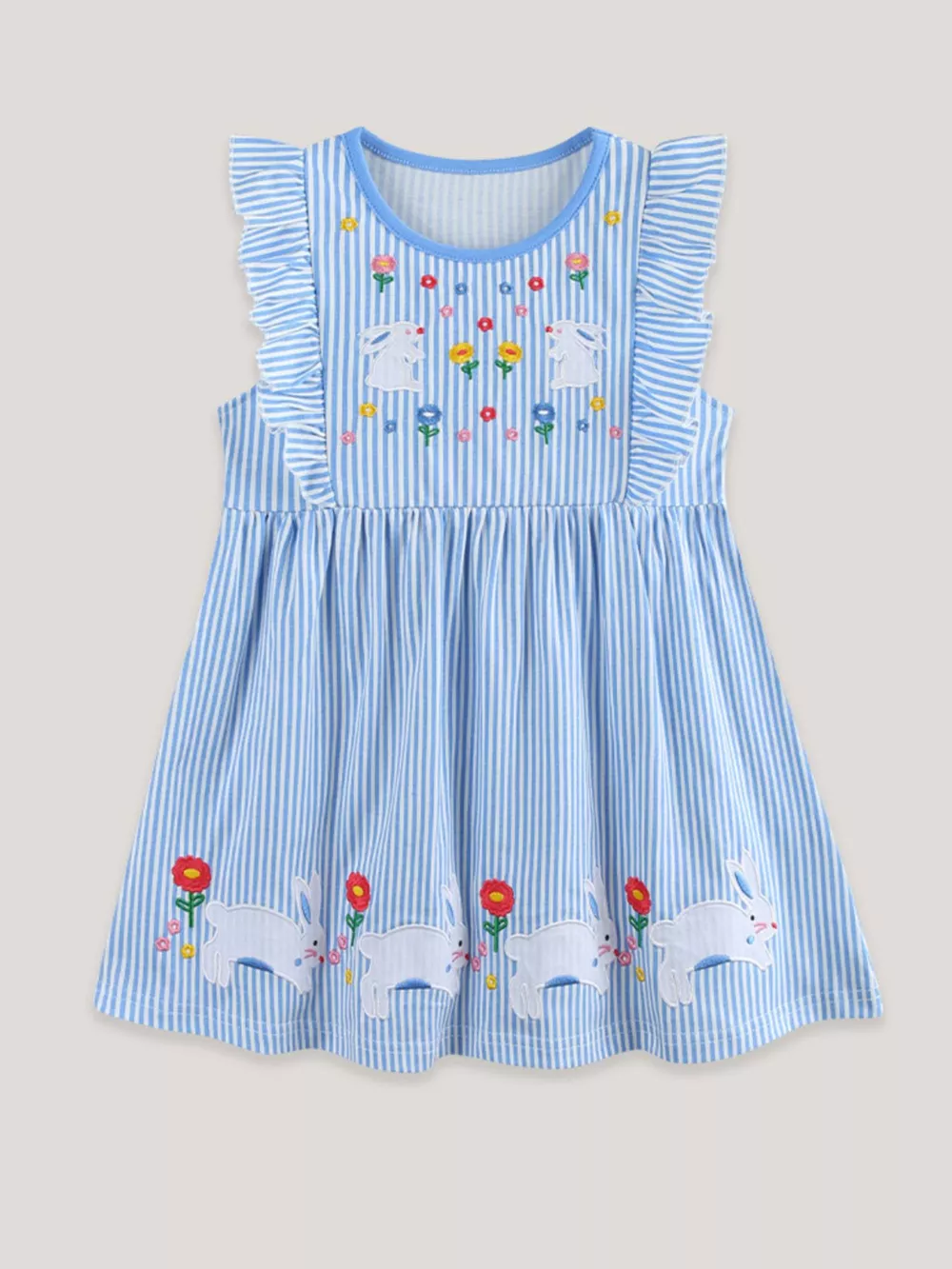 Children's Striped Bunny Embroidered Ruffle Sleeve Dress, image 2