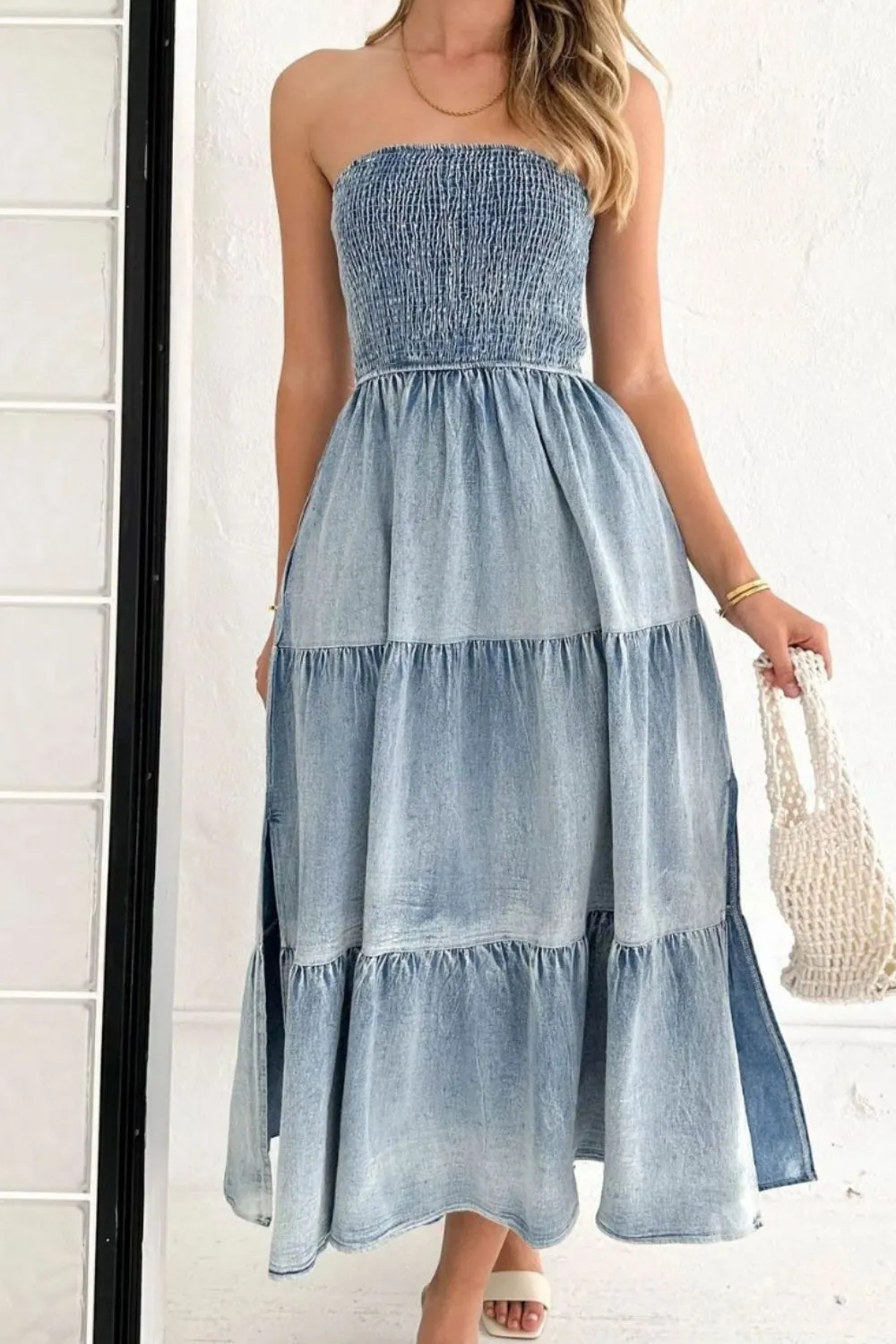 Smocked Tube Slit Tiered Denim Dress, image 5