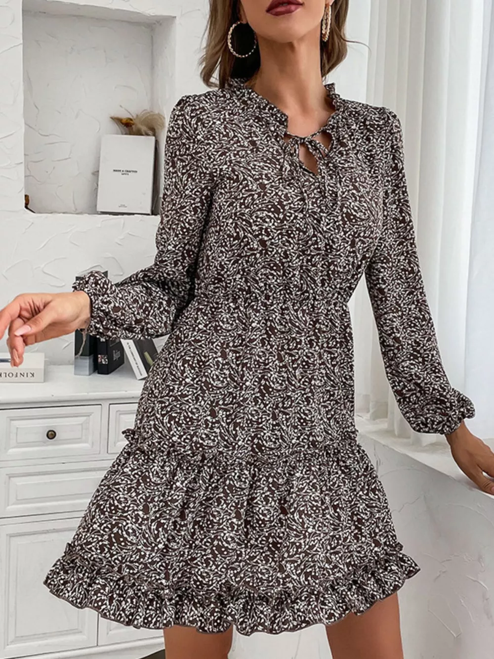 Ruffle Hem Tie Neck Mini Dress, image 4
