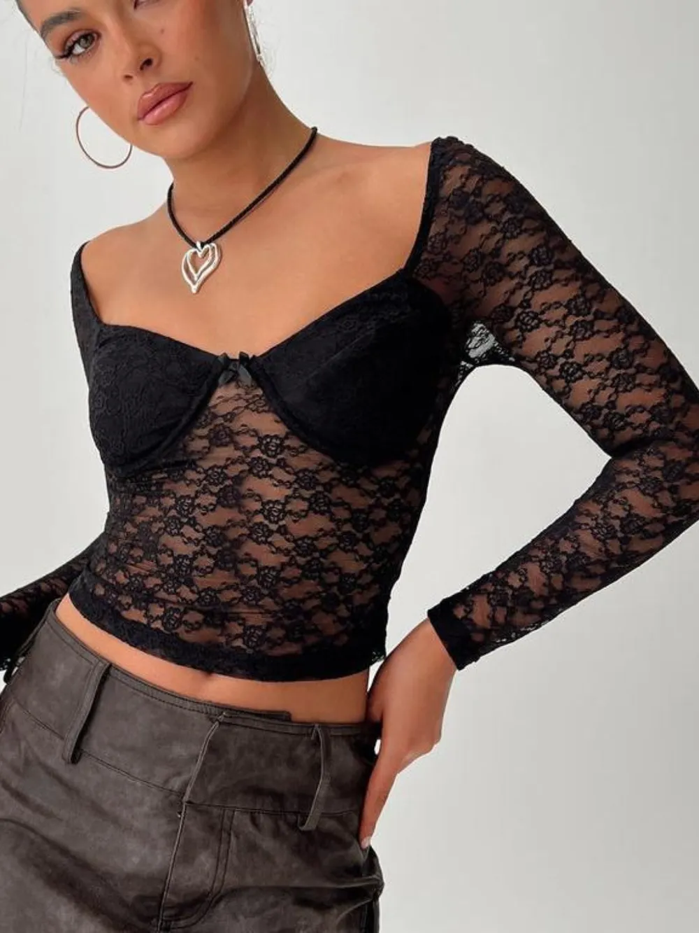 Lace Sweetheart Neck Long Sleeve T-Shirt, image 4
