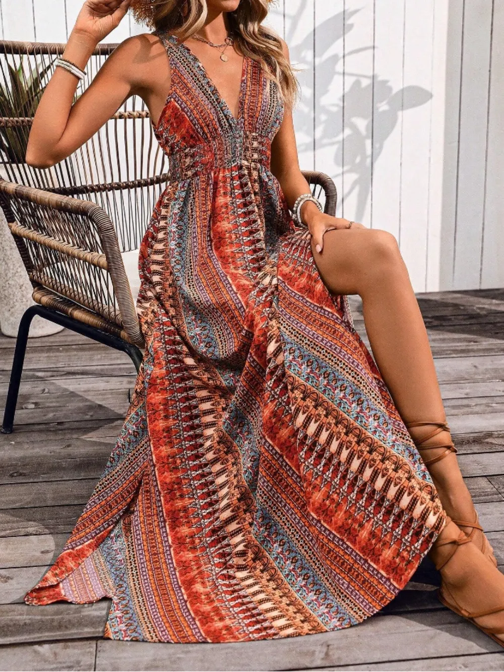 Tied Back Printed Sleeveless Maxi Slit Dress, image 8
