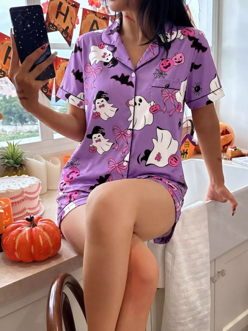 Halloween Ghost Print Button-Down Top and Shorts Lounge Set, image 11