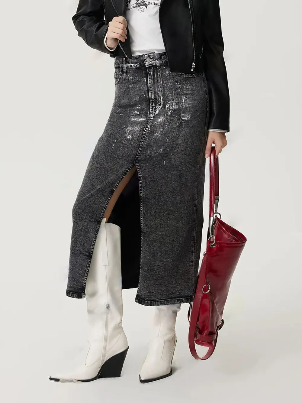 Slit Midi Denim Skirt with Pockets, image 3