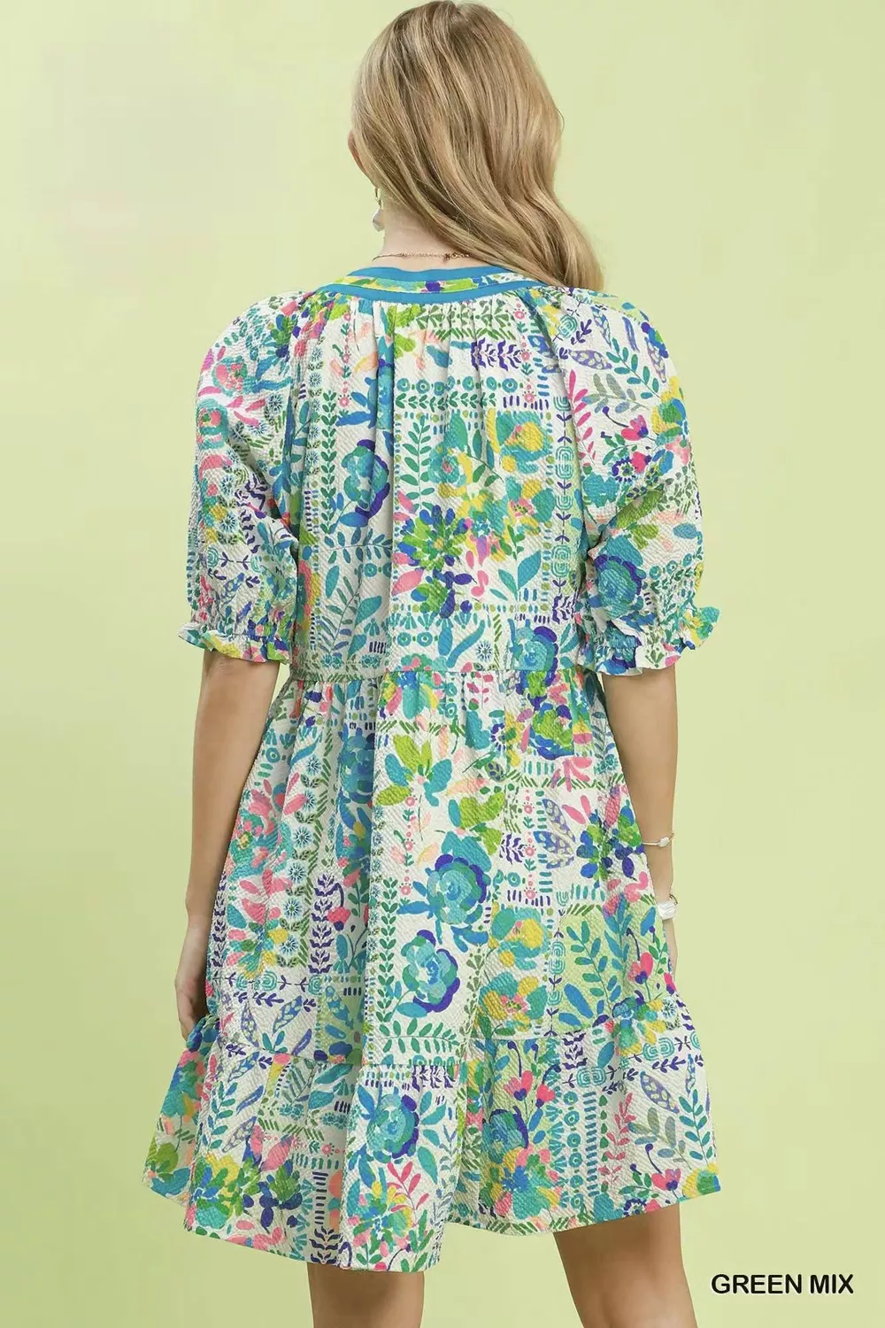 Mix Botanical Print Puff Sleeve Tiered Dress, image 3