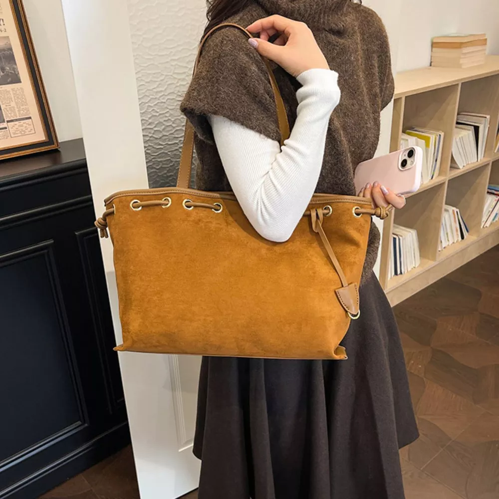 Drawstring Suede Shoulder Bag, image 4