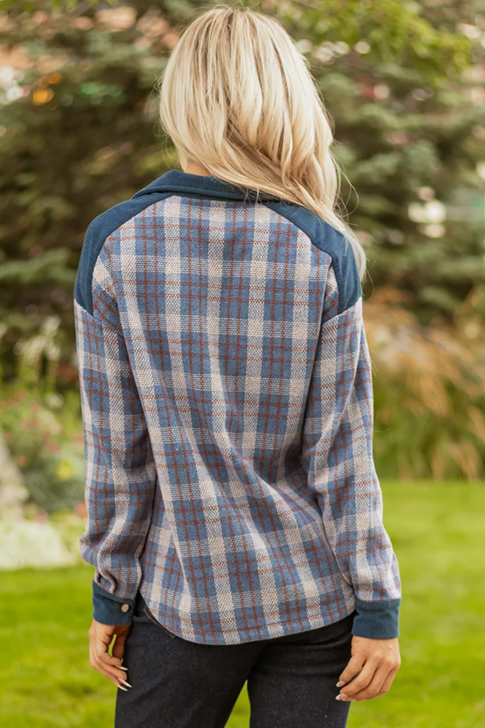 Plaid Corduroy Patchwork Collared Zip Up Snap Button Jacket, image 4
