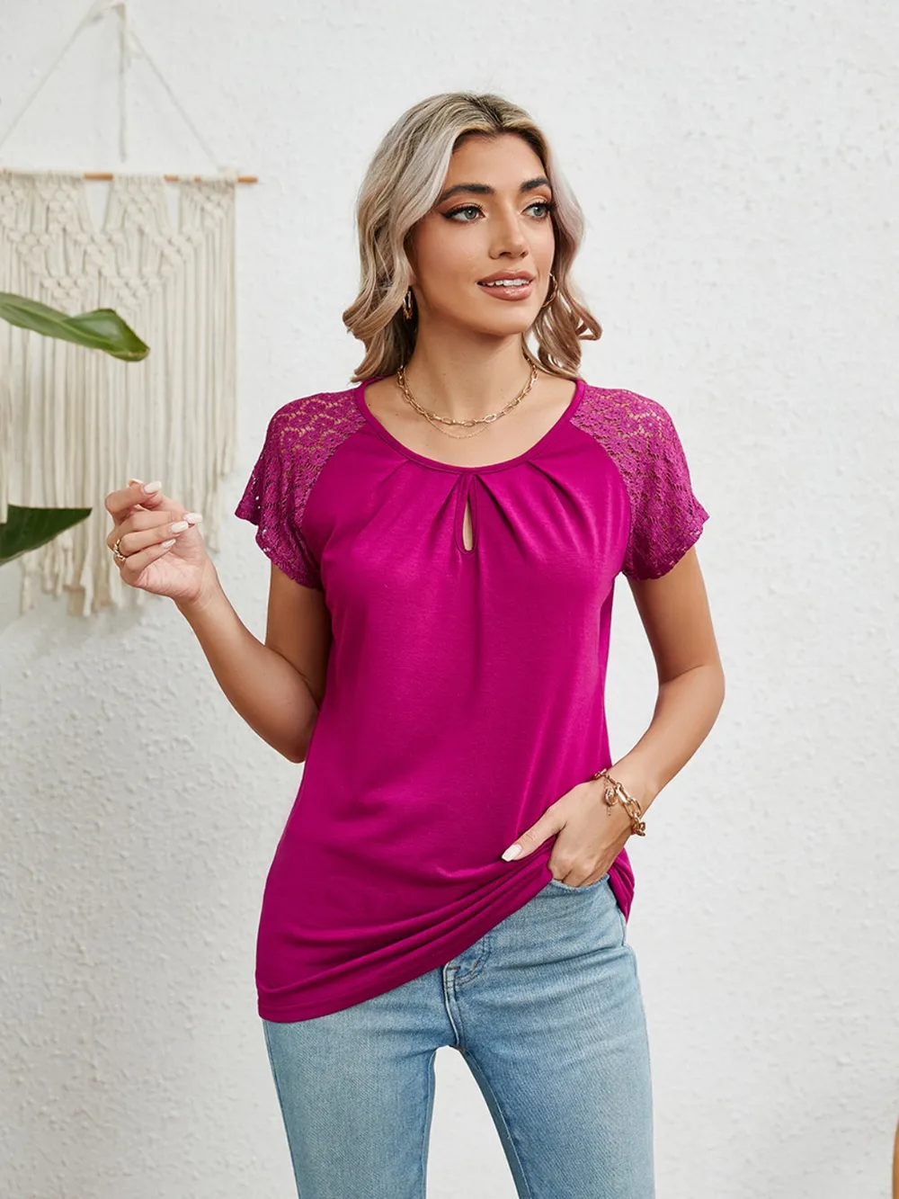 Lace Detail Round Neck Short Sleeve T-Shirt, image 16