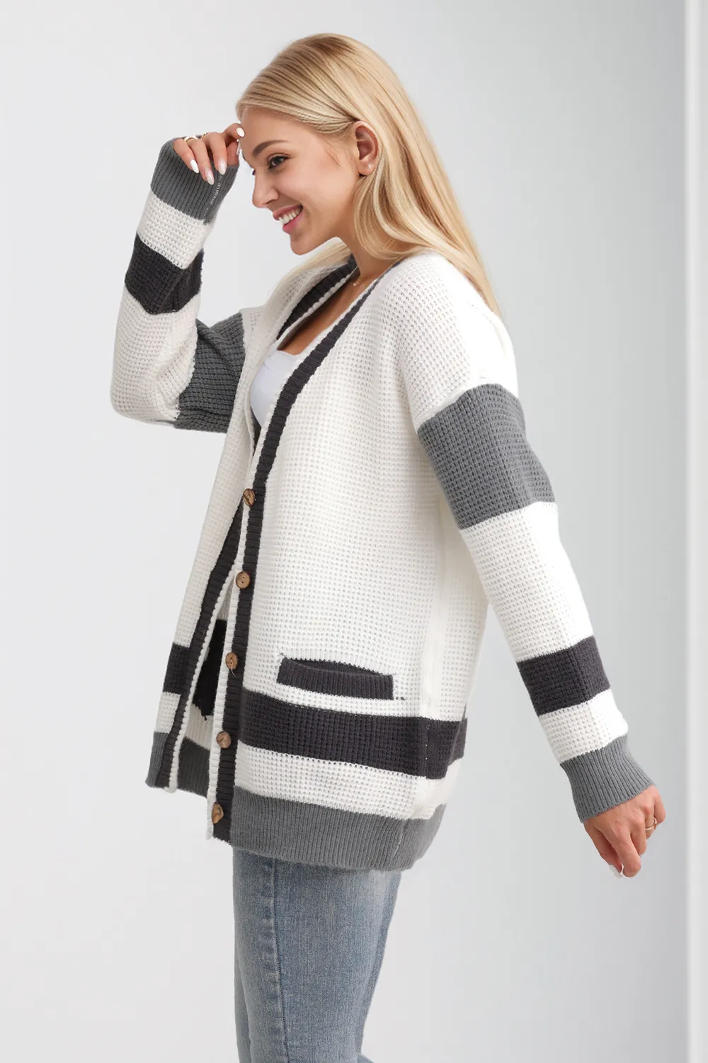 Pocketed Contrast V-Neck Long Sleeve Cardigan, image 4