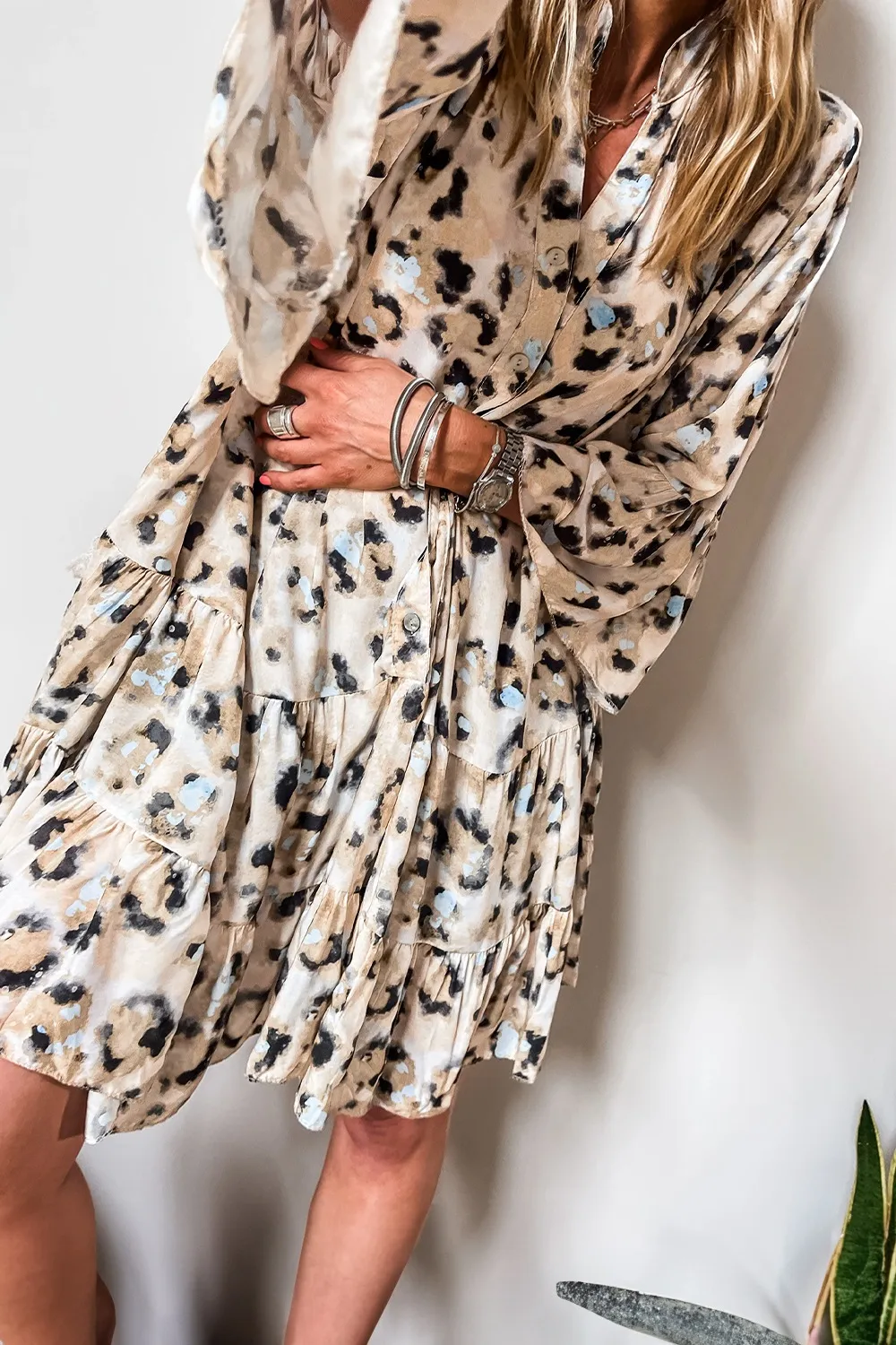 Leopard Print Buttoned Front 3/4 Sleeve Tiered Ruffled Hem Dress, image 21