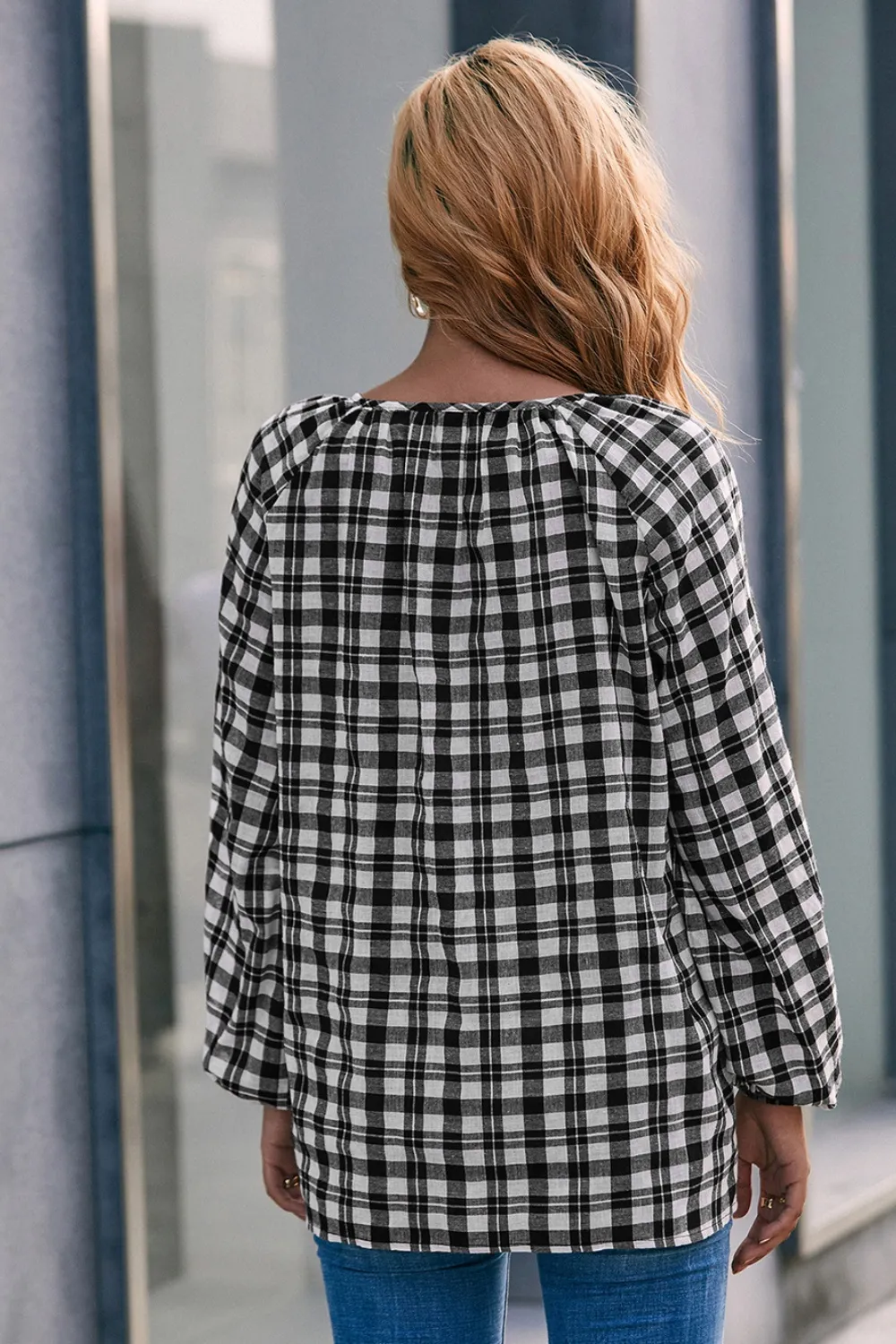 Plaid Tie Neck Balloon Sleeve Blouse, image 3
