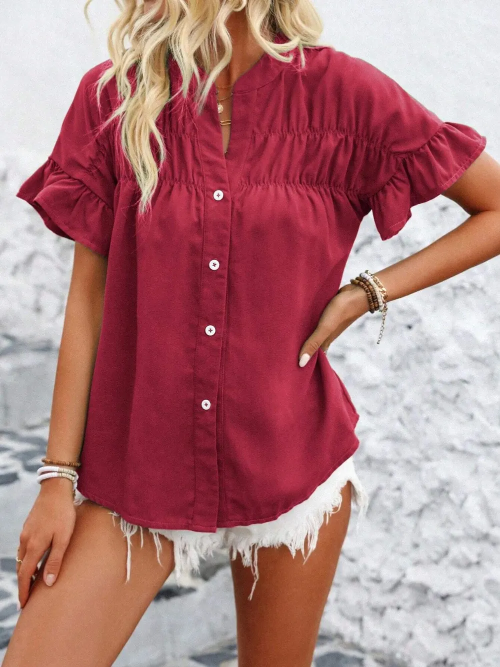 Button Down Ruffled Short Sleeve Shirt, image 28