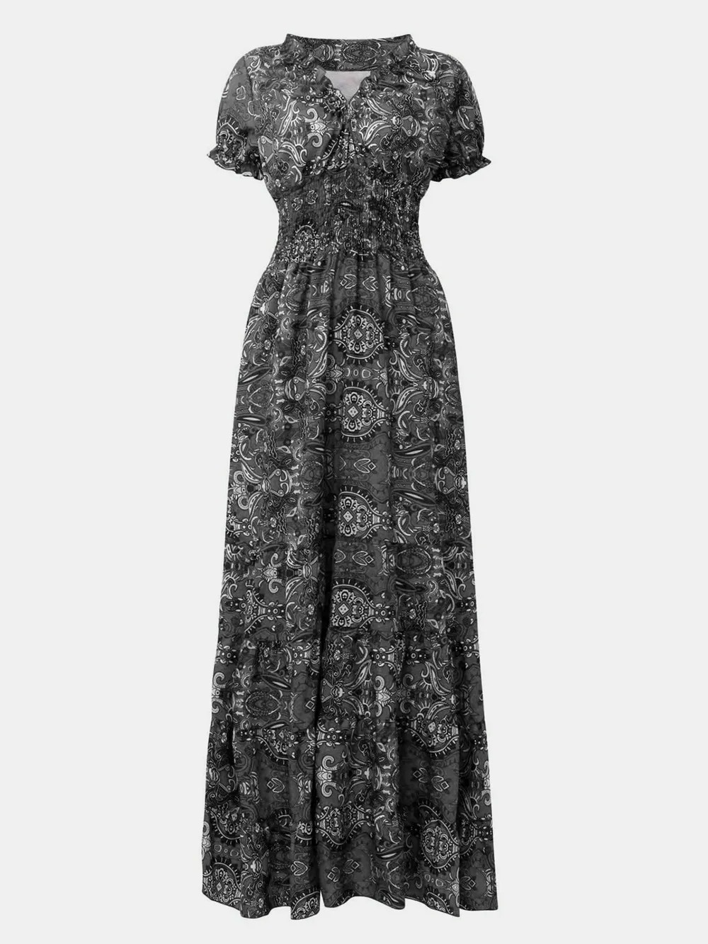 Full Size Smocked Printed V-Neck Short Sleeve Dress, image 16