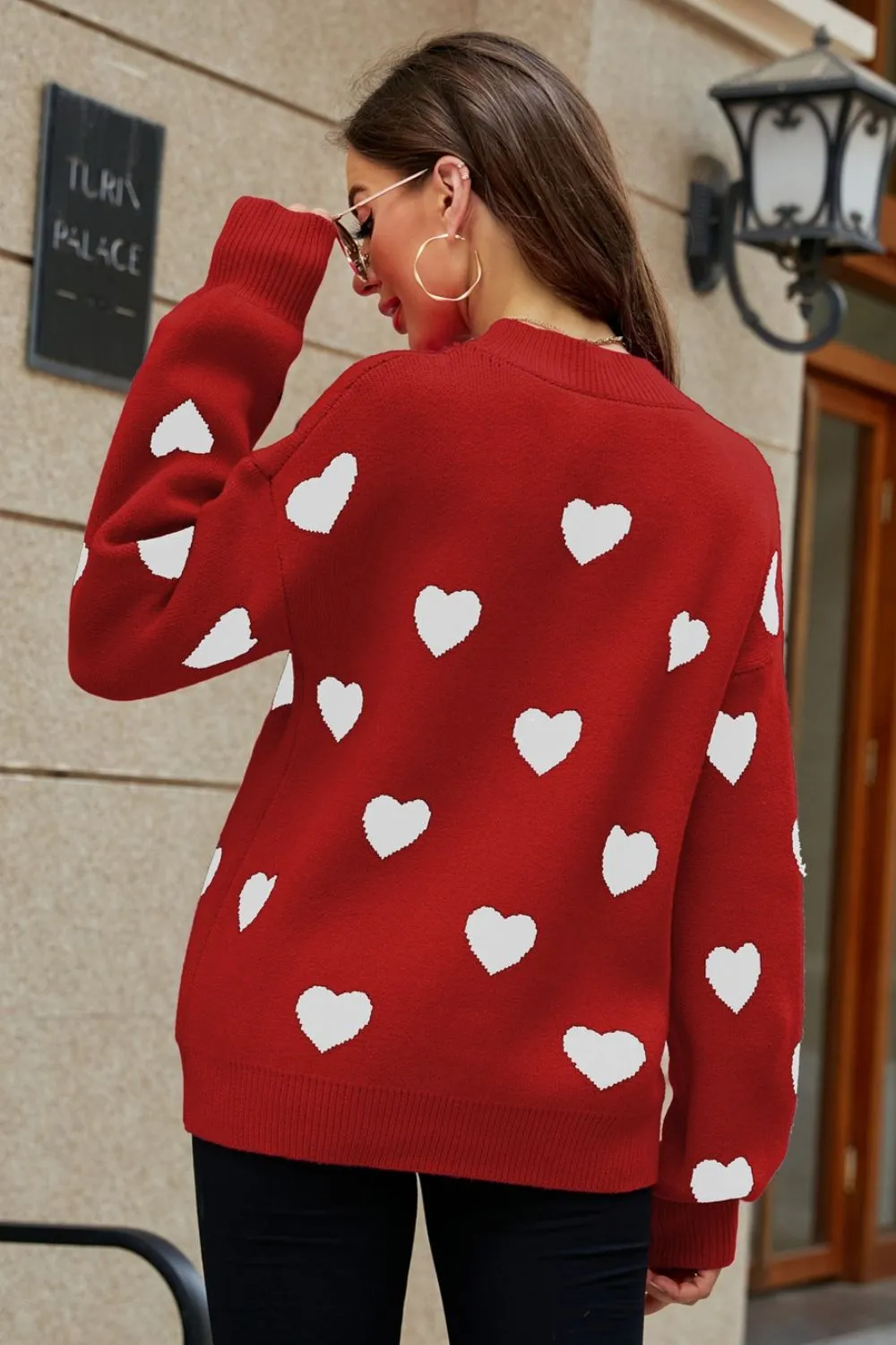 Heart Pattern Lantern Sleeve Round Neck Tunic Sweater, image 14