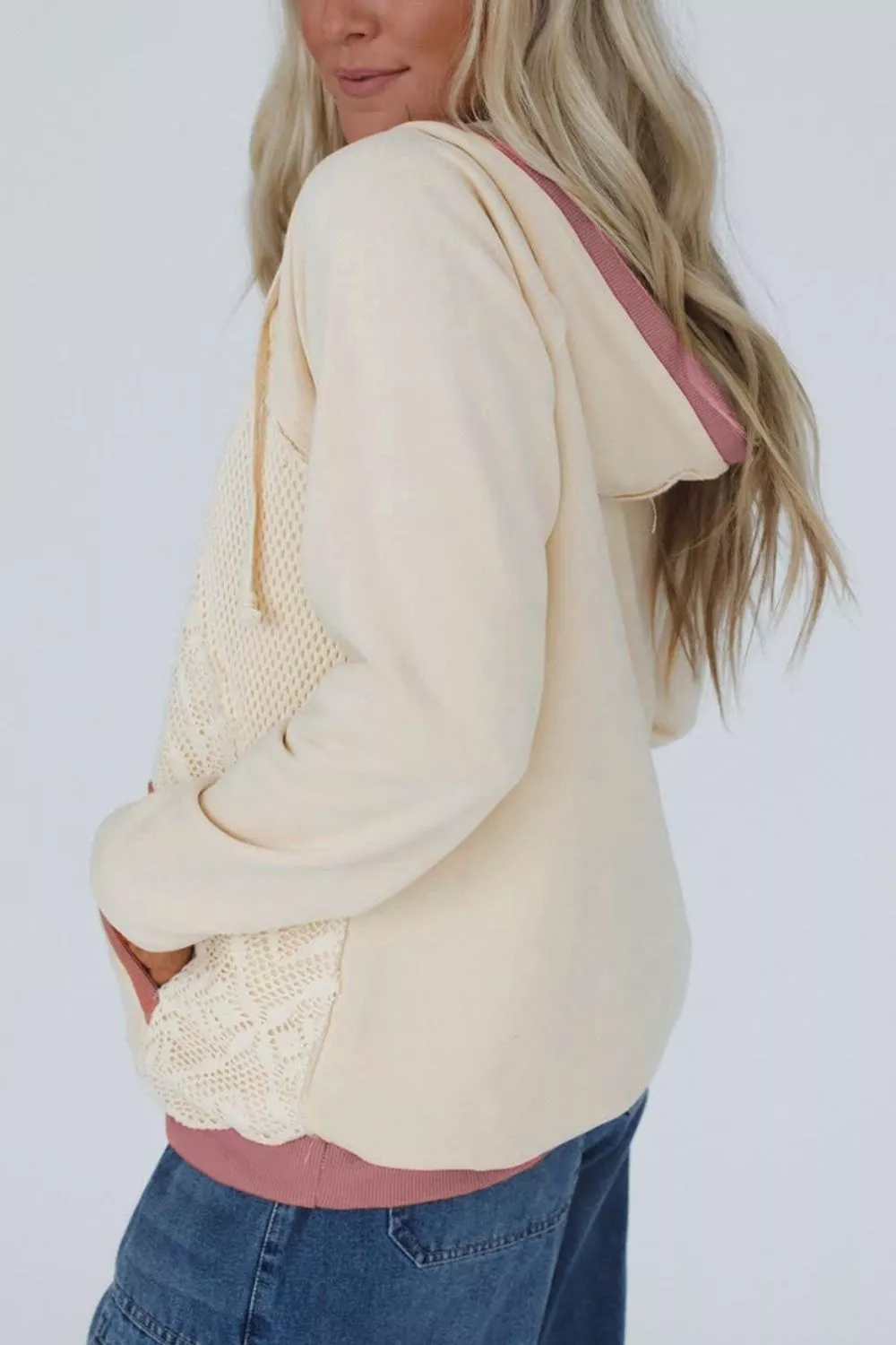 Crochet Knit Contrast Trim Hoodie, image 4