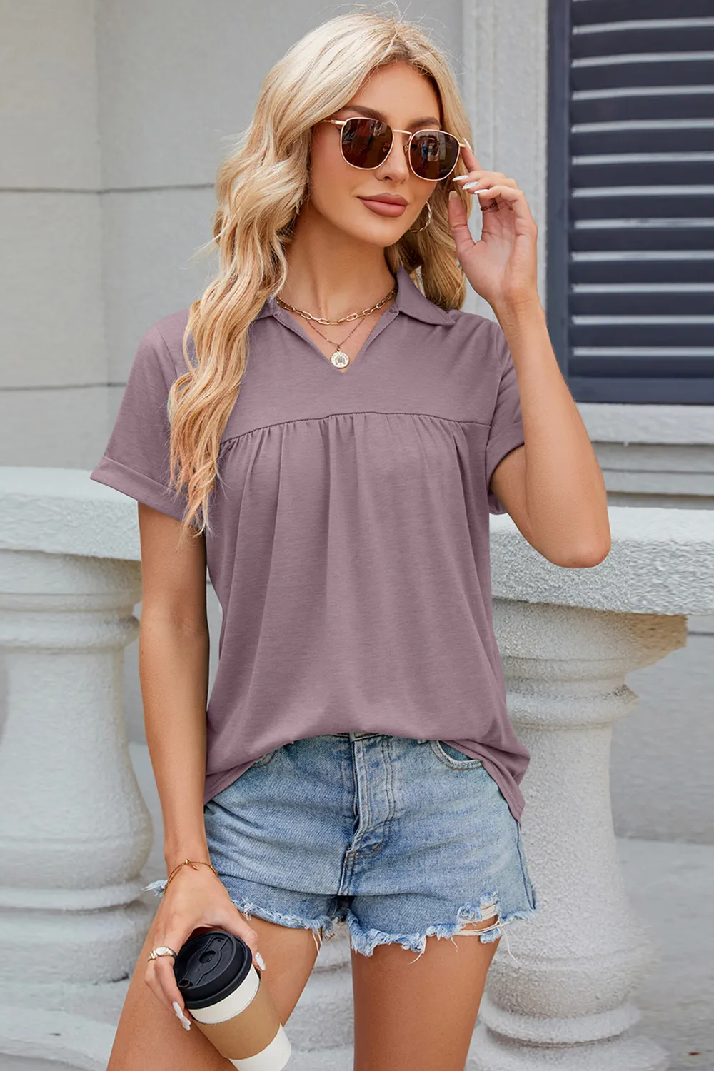 Ruched Johnny Collar Short Sleeve Blouse, image 29
