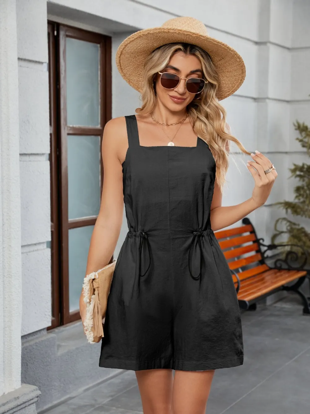 Drawstring Wide Strap Romper with Pockets, image 21