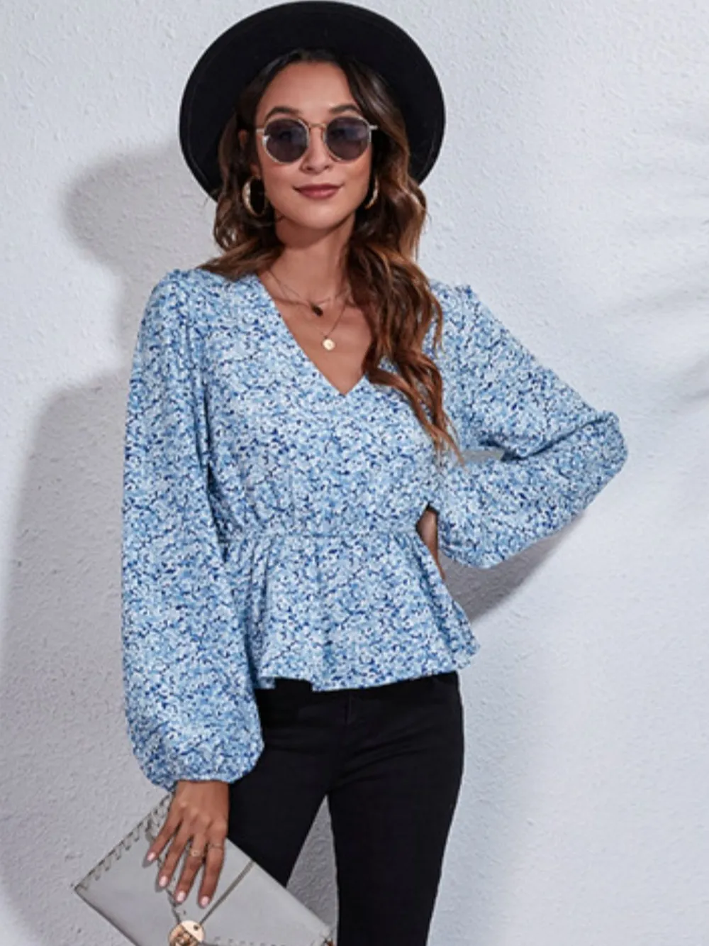Ruched Printed V-Neck Long Sleeve Blouse, image 11