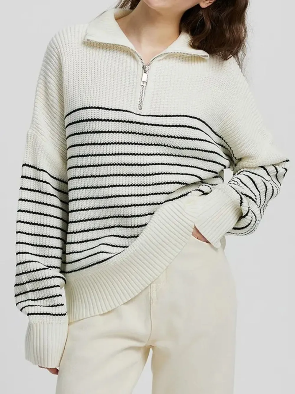 Striped Half Zip Long Sleeve Sweater, image 3