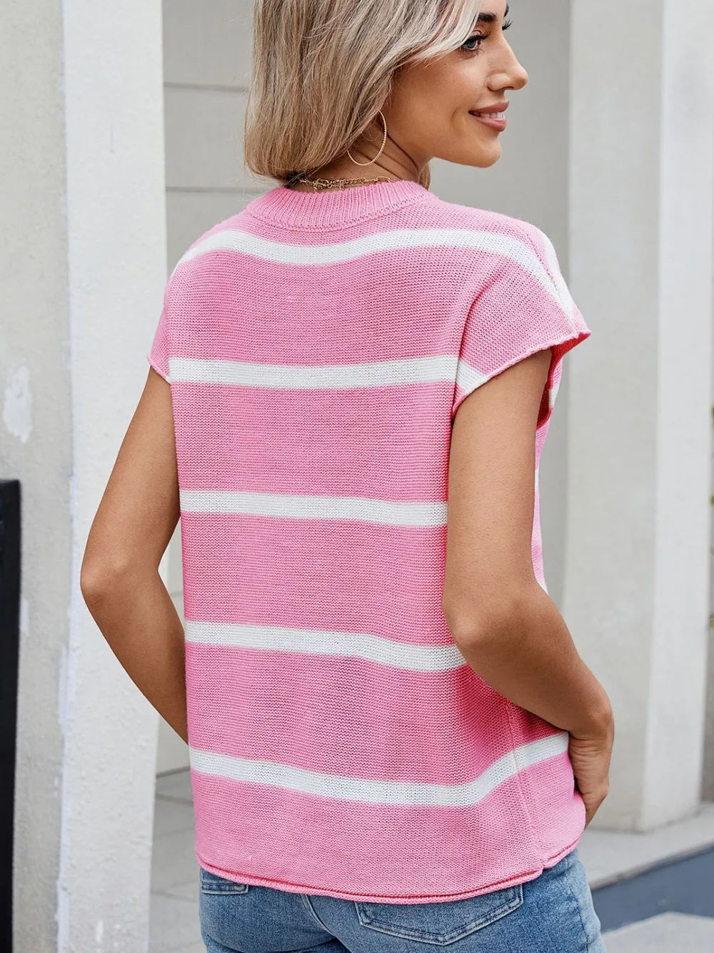 Exposed Seam Striped Round Neck Knit Top, image 14