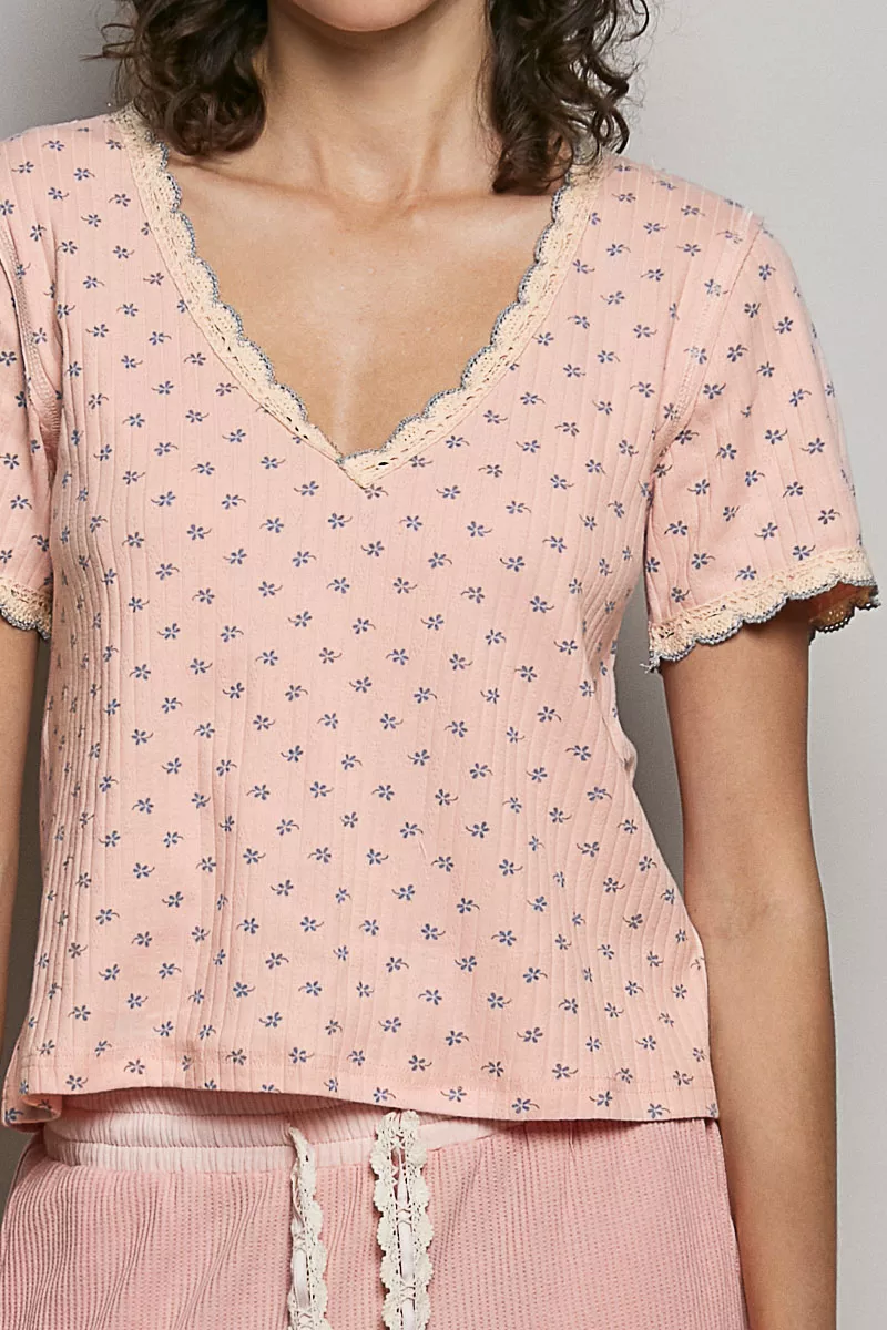 Floral V-Neck Short Sleeve Rib T-Shirt, image 6