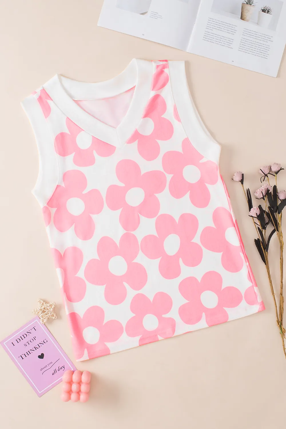 Flower Printed V-Neck Tank, image 7