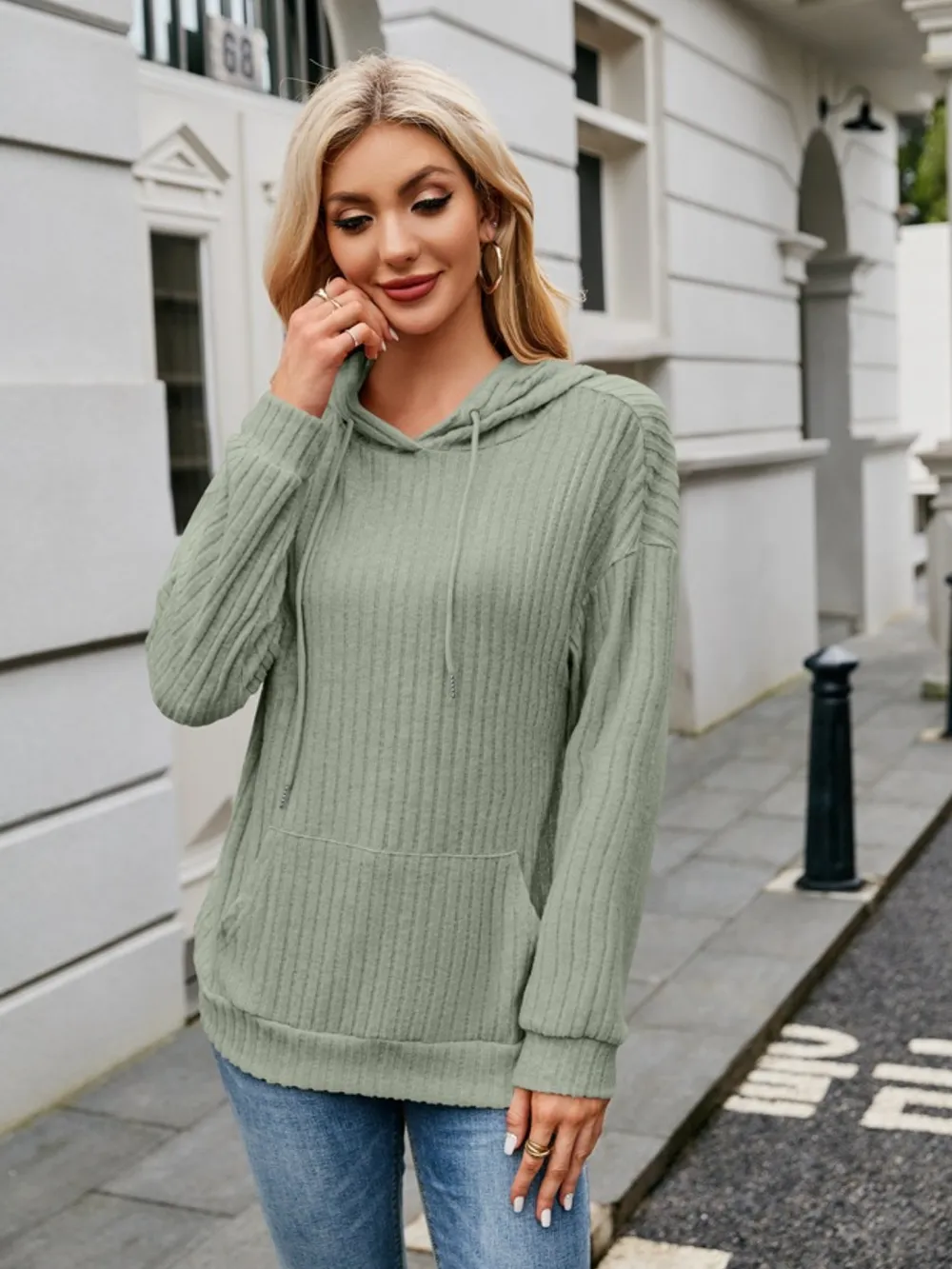 Ribbed Drawstring Long Sleeve Hoodie, image 28